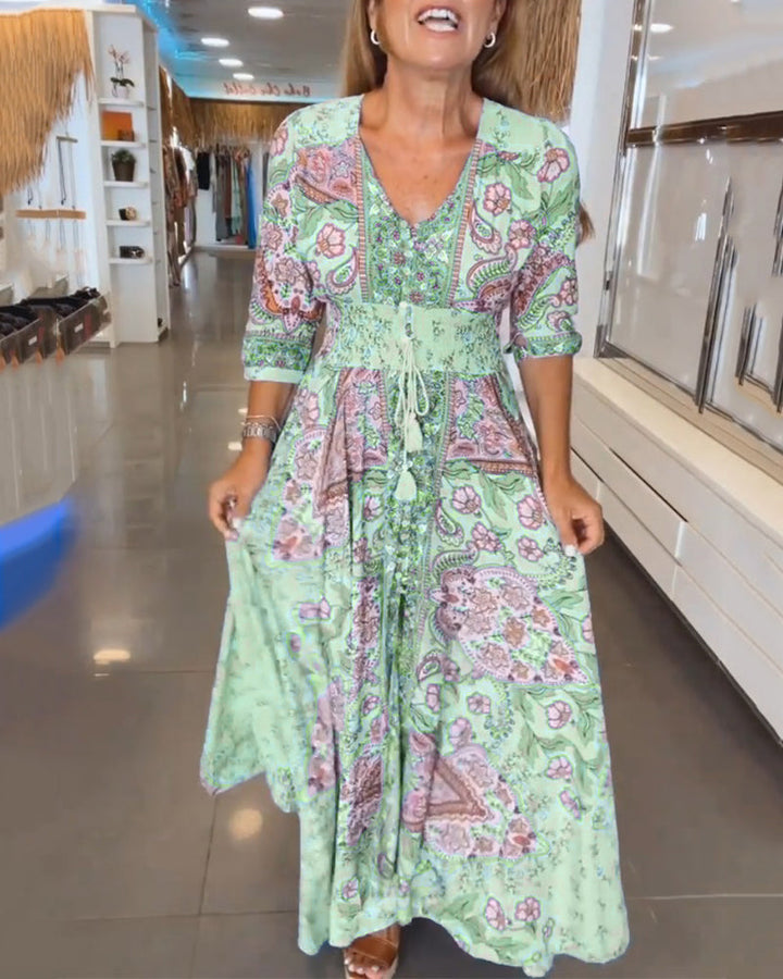 Robe de vacances à col en V et manches 3/4