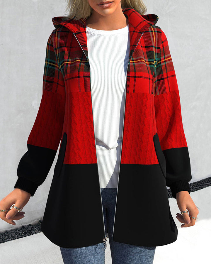 Manteau zippé à capuche à carreaux