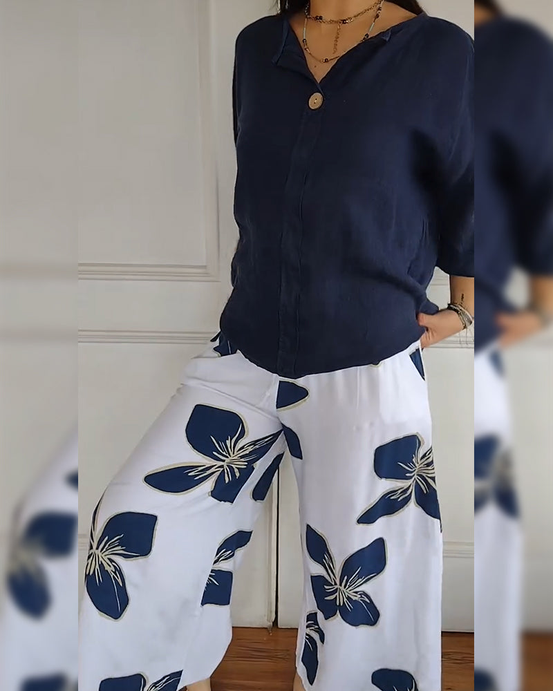 Ensemble Col Rond Décontracté Pantalon Imprimé