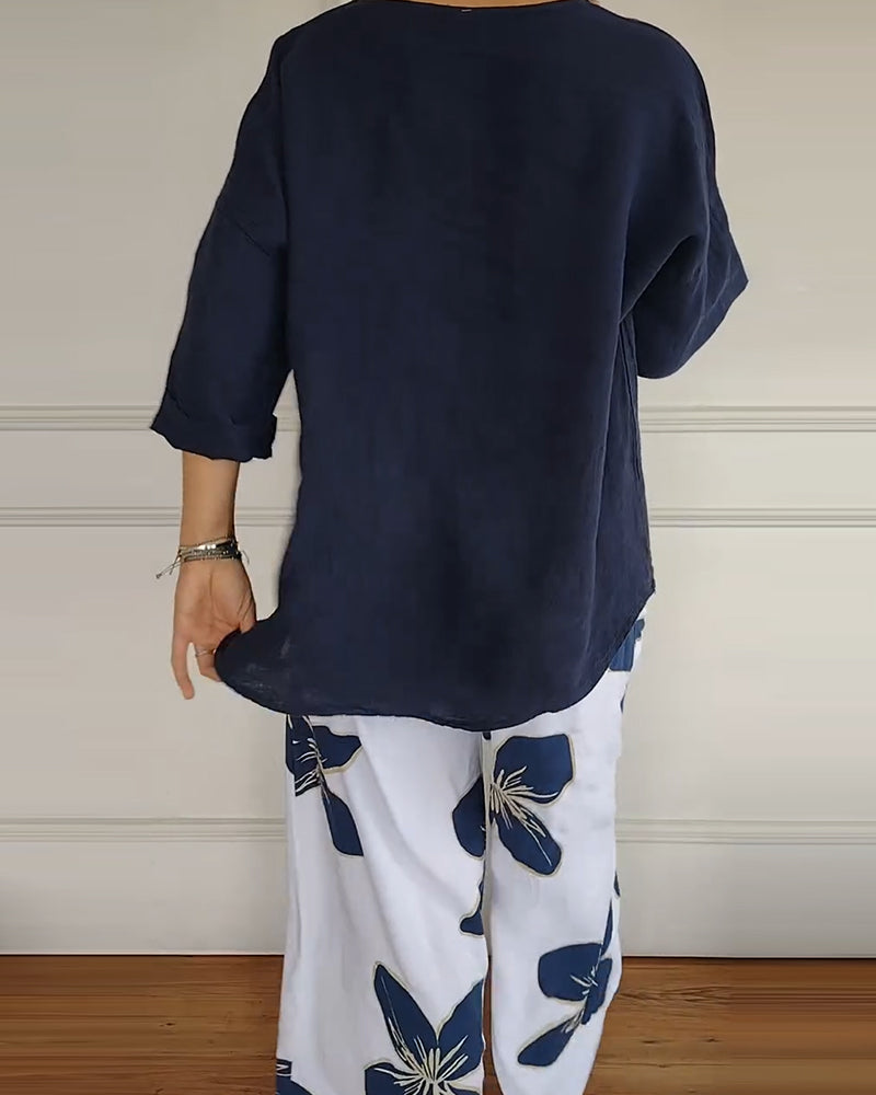 Ensemble Col Rond Décontracté Pantalon Imprimé