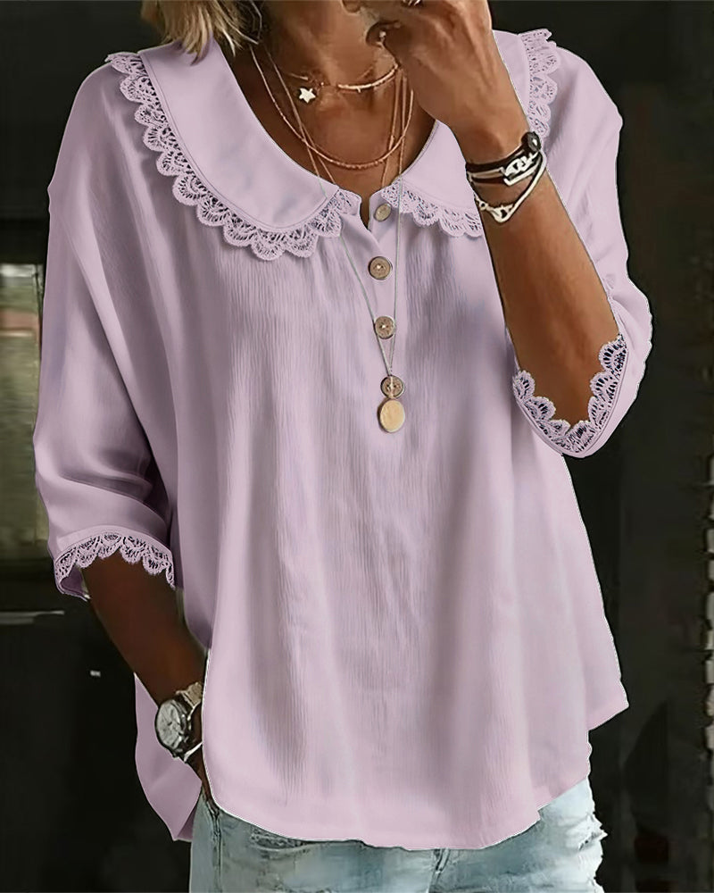 Blouse Dentelle Insérée Col Claudine