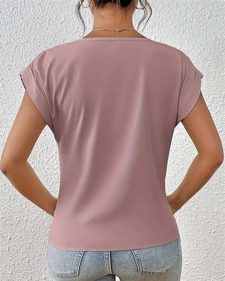 T-shirt Col V Uni Élégant à Manches Courtes