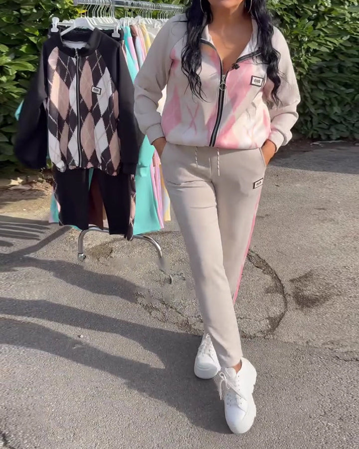 Ensemble Deux Pièces Haut À Zip Et Pantalon À Carreaux