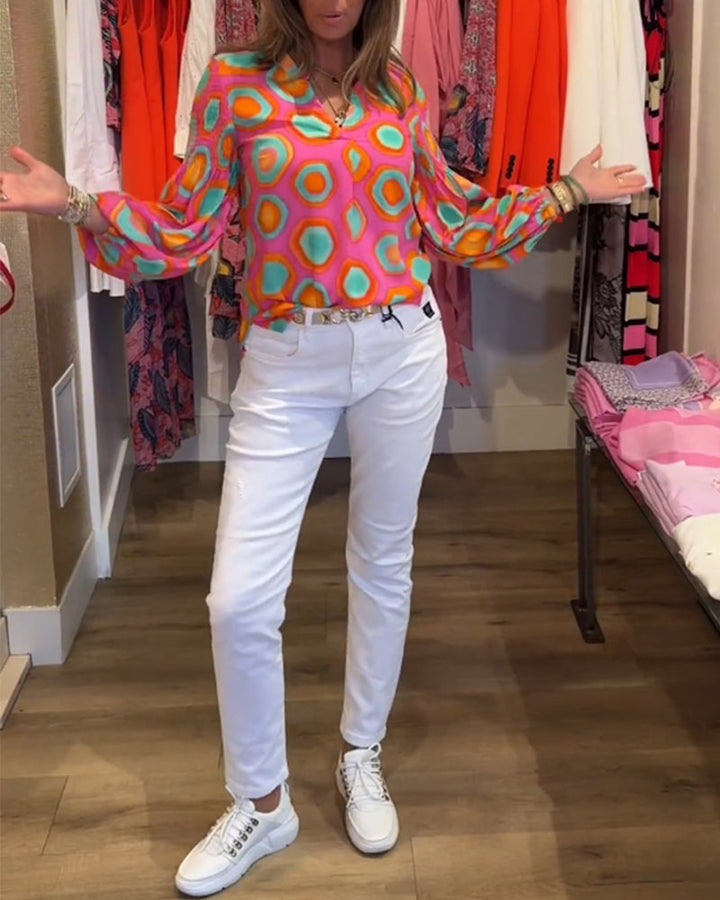 Blouse décontractée à manches longues et imprimé géométrique