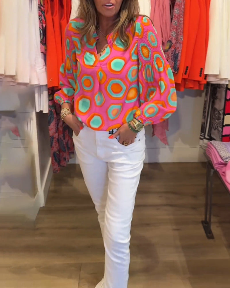 Blouse décontractée à manches longues et imprimé géométrique
