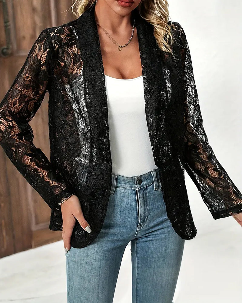 Manteau élégant à revers en dentelle florale de couleur unie