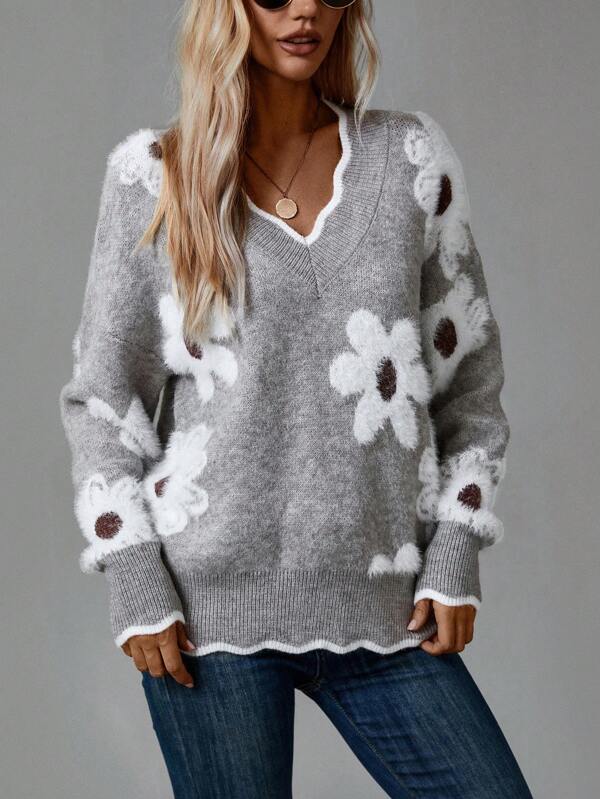 Élise | Pull Floral à Encolure V