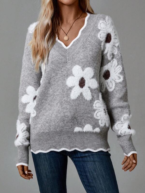Élise | Pull Floral à Encolure V