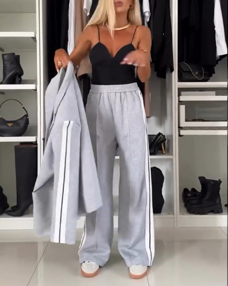 Ensemble manteau et pantalon droit à revers de couleur unie à la mode