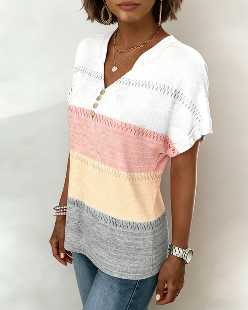 Tee Col V Panachage De Couleurs Manches Courtes
