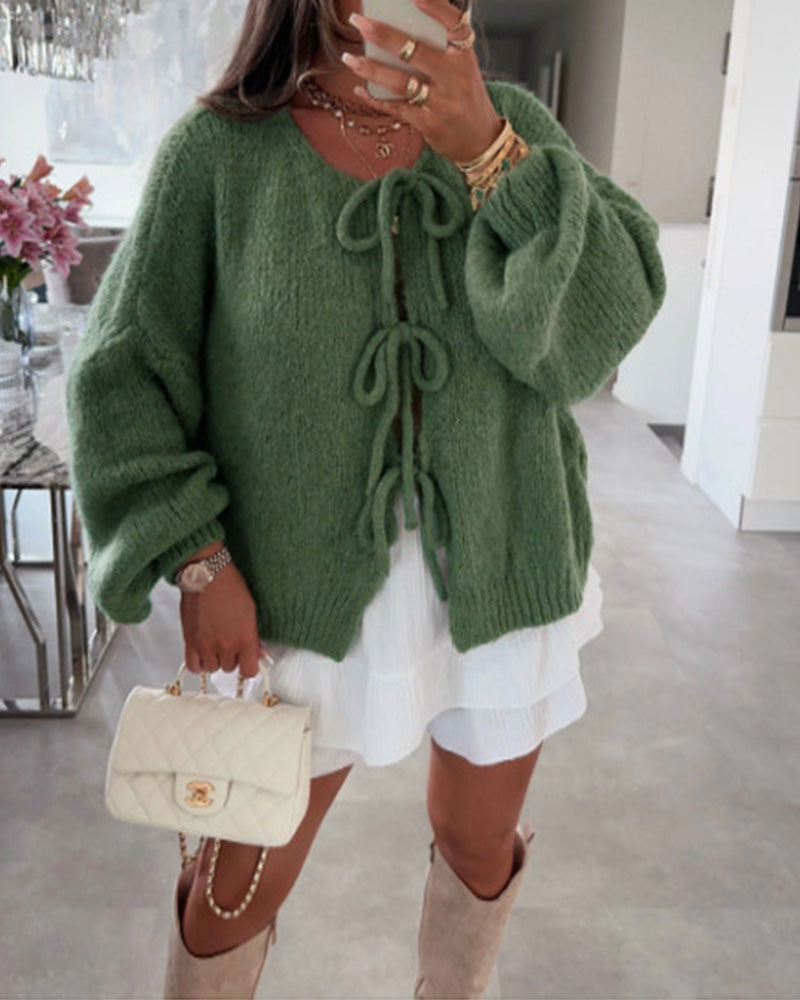 Cardigan à lacets de couleur unie de style paresseux