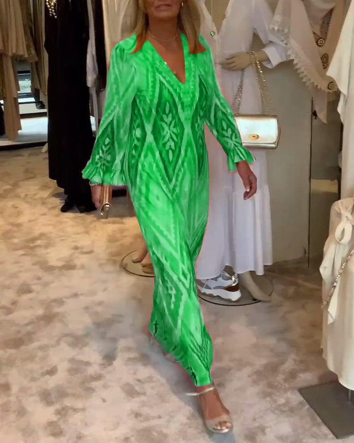 Robe à manches longues en V profond à imprimé géométrique rétro