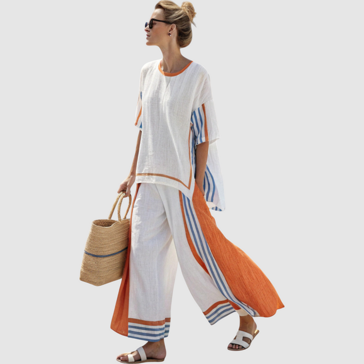Chloé | Ensemble ethnique en lin de bambou à rayures
