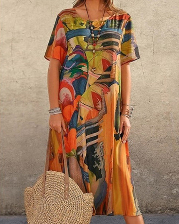 Robe droite à col rond et imprimé géométrique