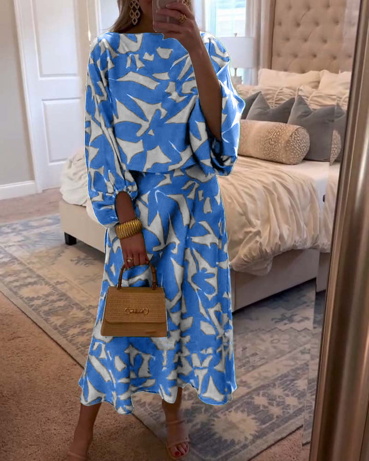 Ensemble Robe Décontractée Imprimé Manches Lanterne Tempérament