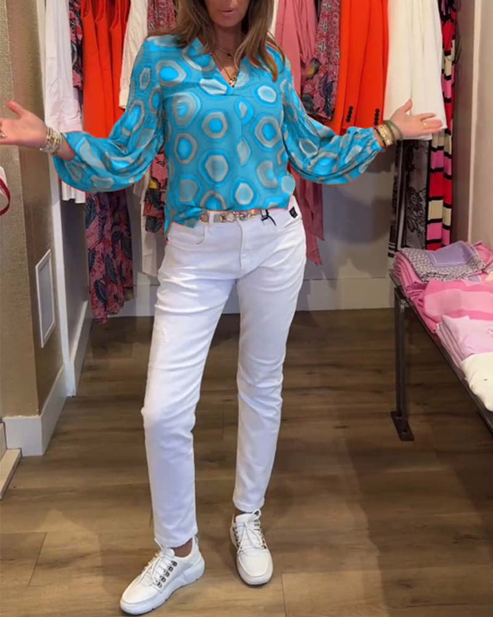 Blouse décontractée à manches longues et imprimé géométrique