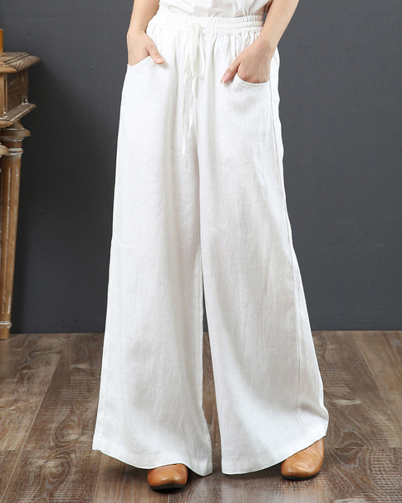 Pantalon large taille haute de couleur unie