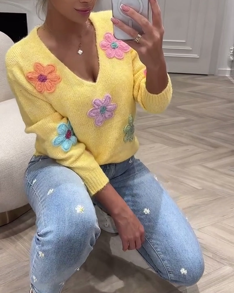Pull Manches Longues Fleuri Col En V