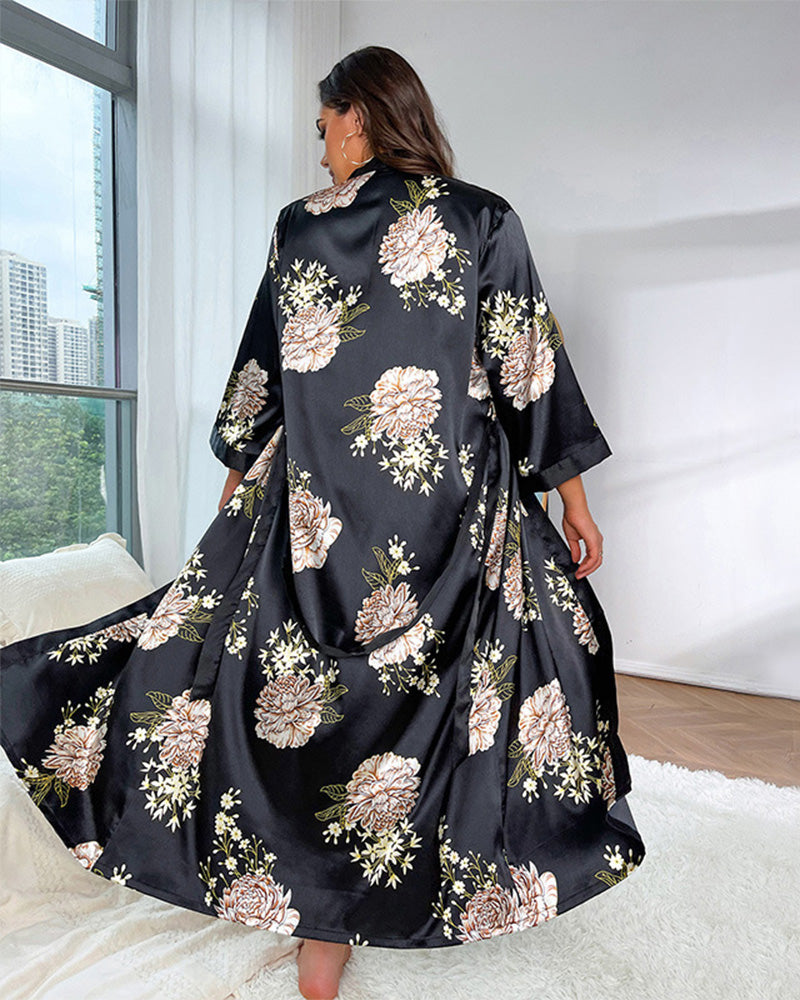 Robe pyjama sexy en imitation soie imprimée, grande taille