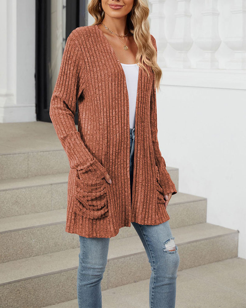 Cardigan décontracté à manches longues et poches de couleur unie