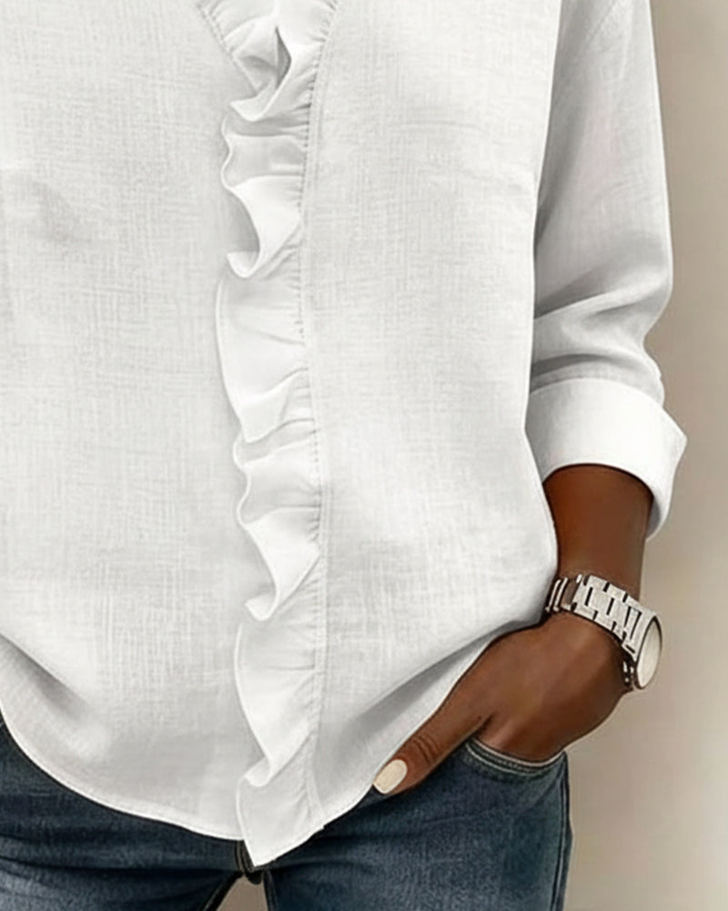 Blouse Froncé Col En V Manches Longues