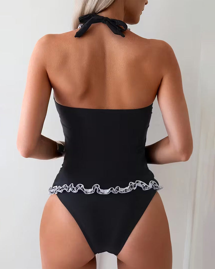 Maillot de bain deux pièces décontracté à volants et col en V