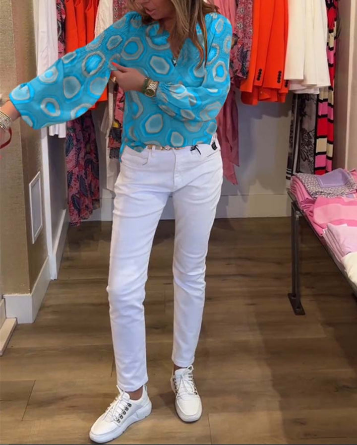 Blouse décontractée à manches longues et imprimé géométrique