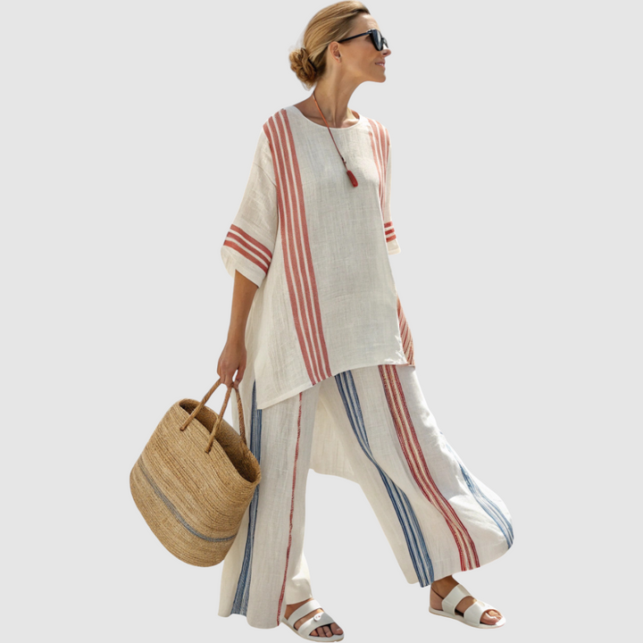 Chloé | Ensemble ethnique en lin de bambou à rayures