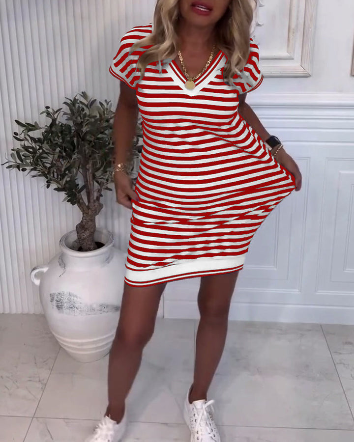 Robe Col En V Rayée Contrastée