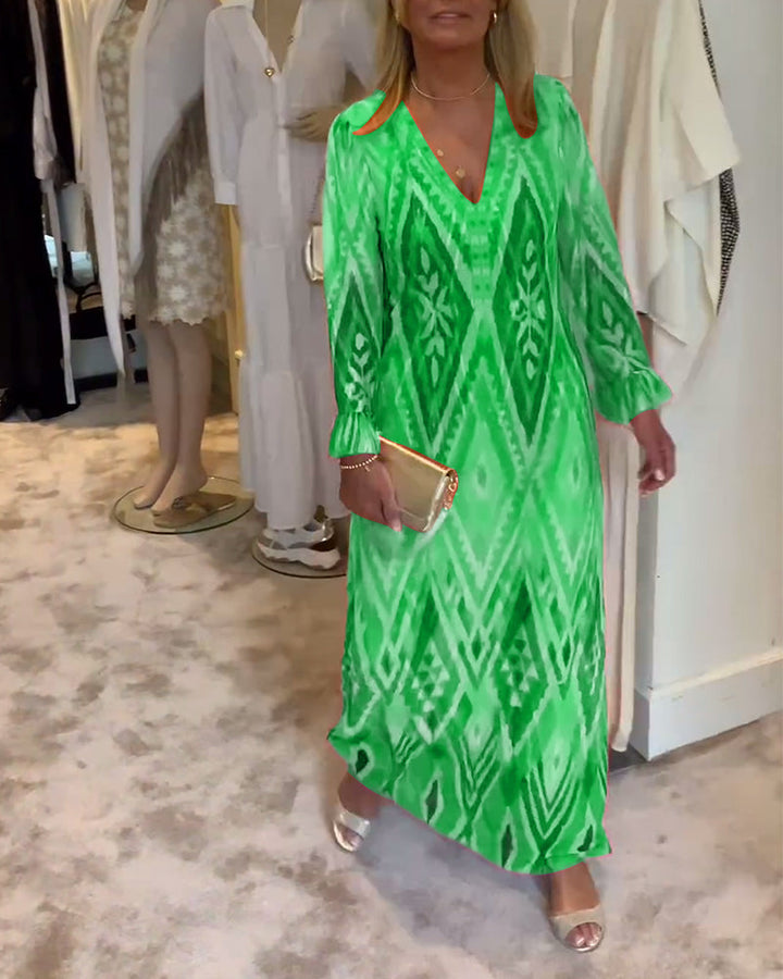 Robe à manches longues en V profond à imprimé géométrique rétro