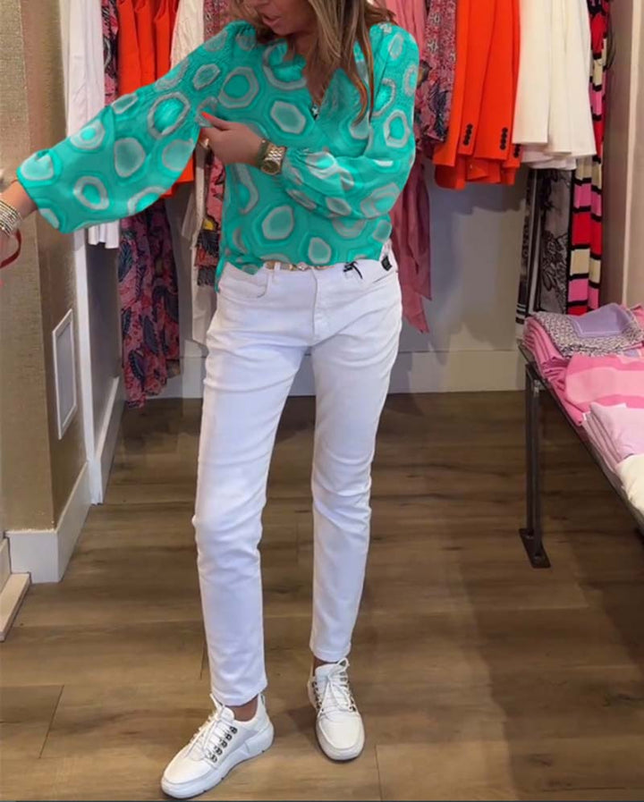 Blouse décontractée à manches longues et imprimé géométrique