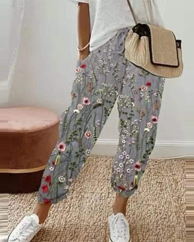 Pantalon décontracté en coton et lin pour femme