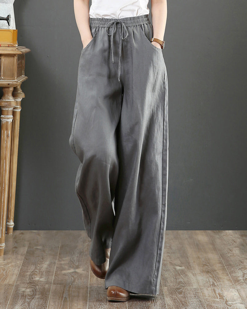 Pantalon large taille haute de couleur unie