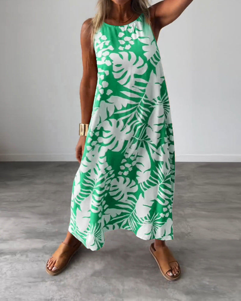 Robe décontractée sans manches à imprimé feuilles