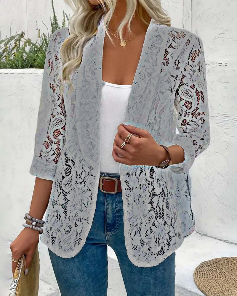 Manteau élégant à revers en dentelle florale de couleur unie