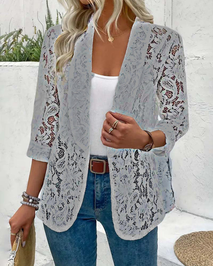 Manteau élégant à revers en dentelle florale de couleur unie
