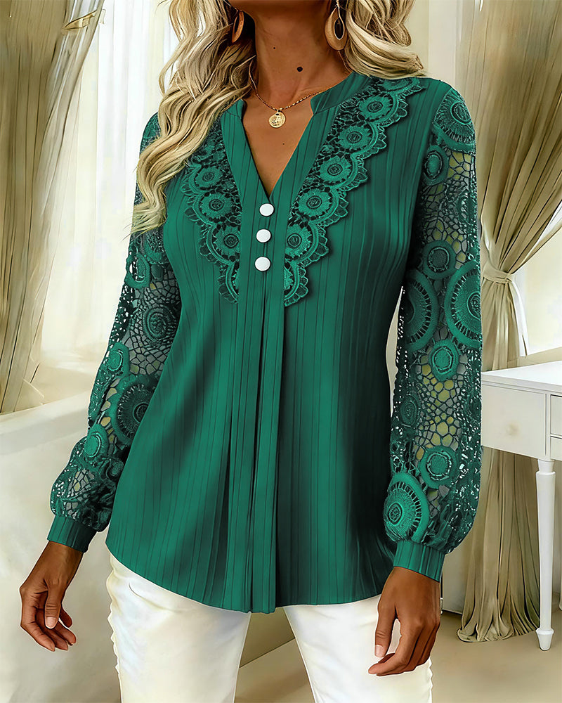 Blouse Dentelle Panneaux Manches Longues Col V