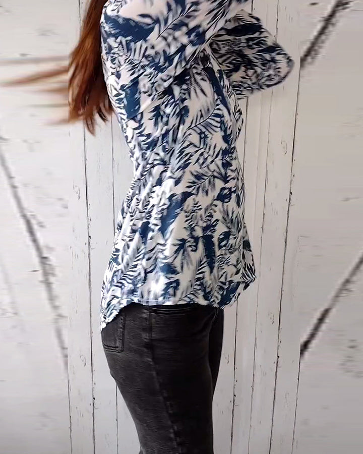 Blouse décontractée boutonnée imprimé feuilles, col V et manches neuf-quarts