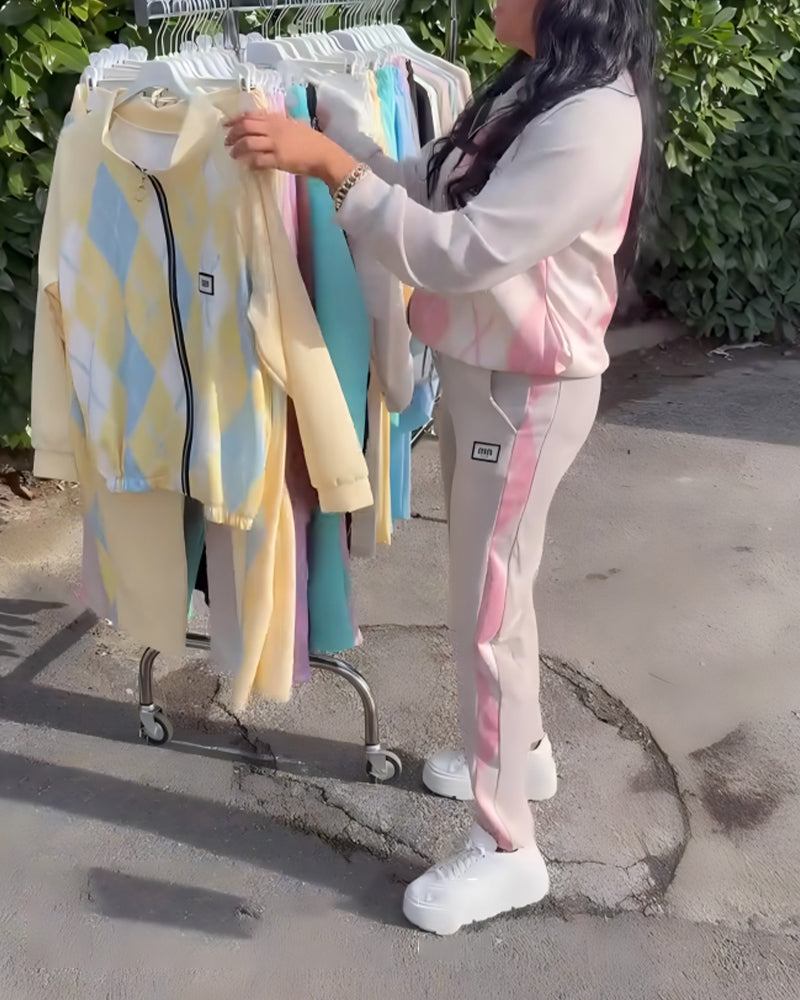 Ensemble Deux Pièces Haut À Zip Et Pantalon À Carreaux