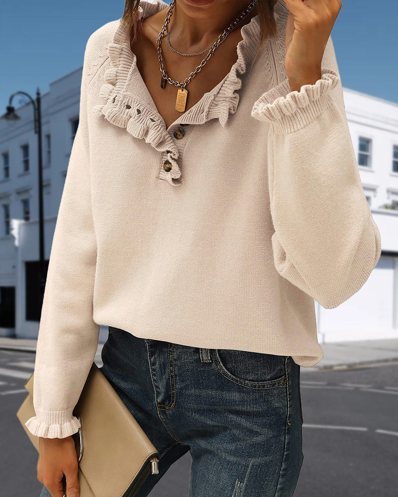 Pull décontracté de couleur unie avec bouton à revers et volants