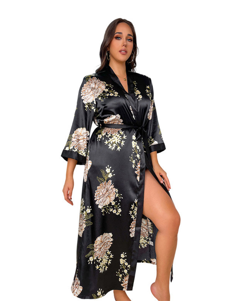 Robe pyjama sexy en imitation soie imprimée, grande taille