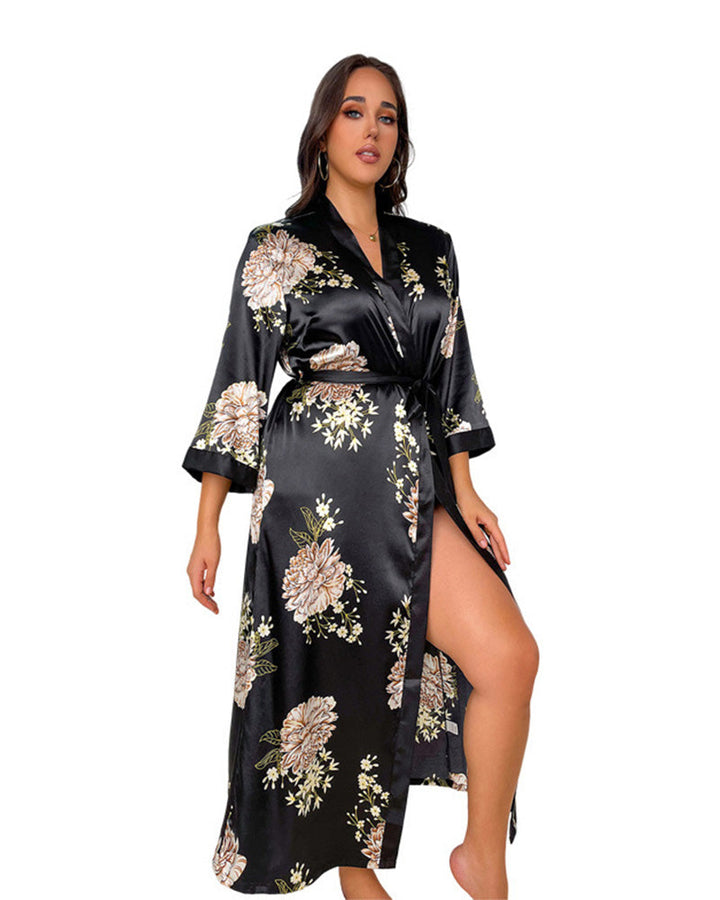 Robe pyjama sexy en imitation soie imprimée, grande taille