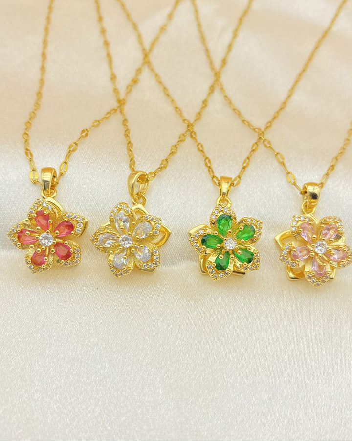 Collier pendentif rotatif à 360° à cinq pétales de fleur