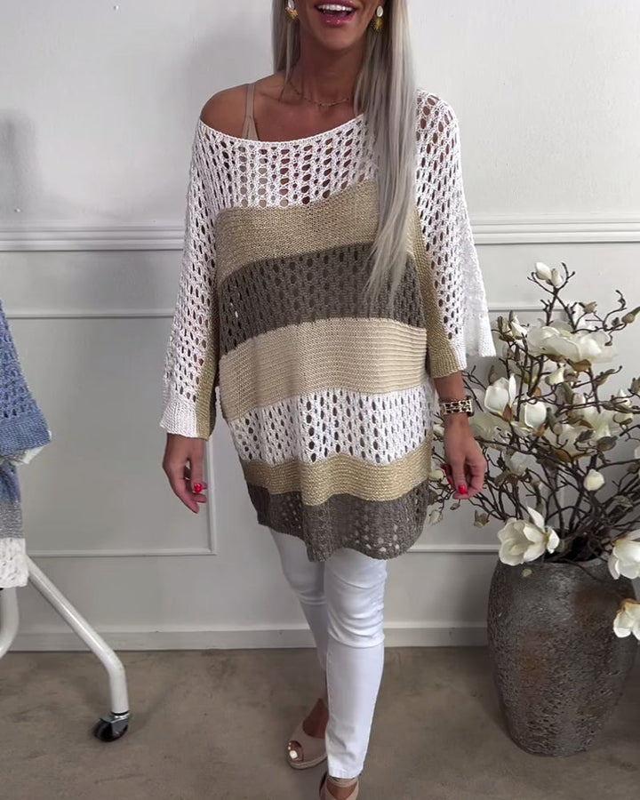 Pull décontracté à manches longues creux avec blocs de couleurs