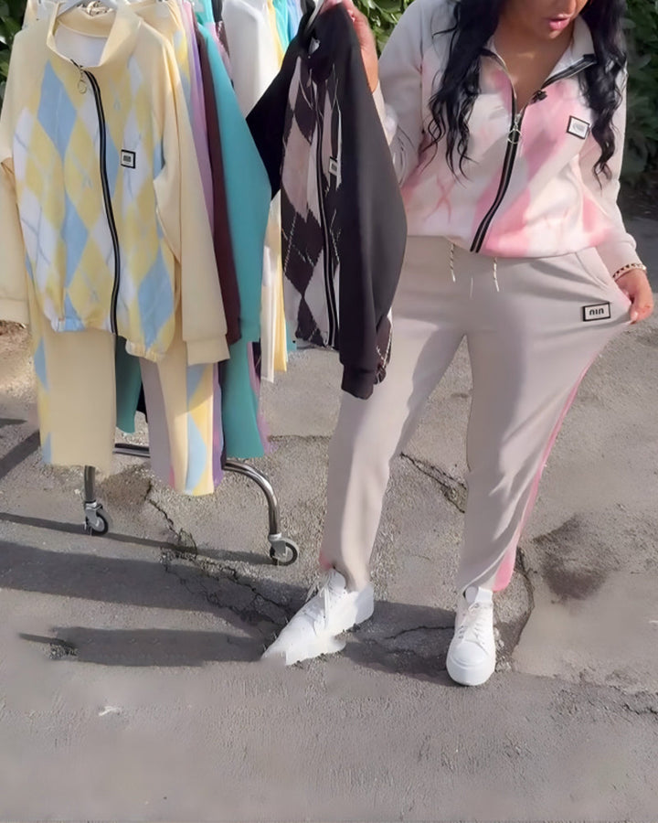 Ensemble Deux Pièces Haut À Zip Et Pantalon À Carreaux