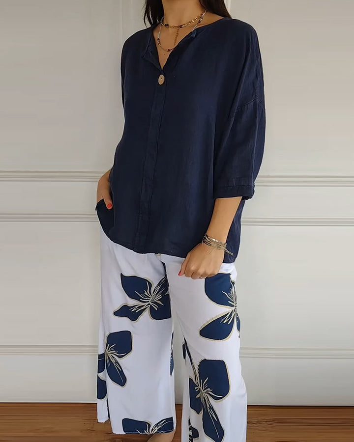 Ensemble Col Rond Décontracté Pantalon Imprimé