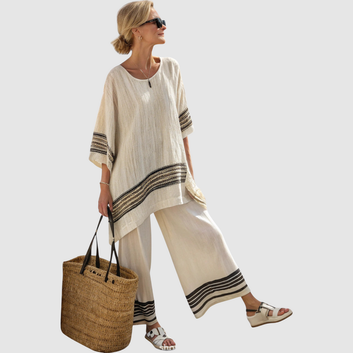 Chloé | Ensemble ethnique en lin de bambou à rayures