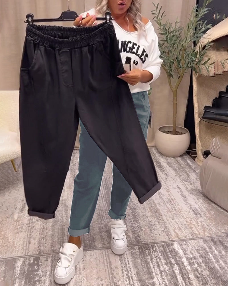 Pantalon décontracté de couleur unie avec poche