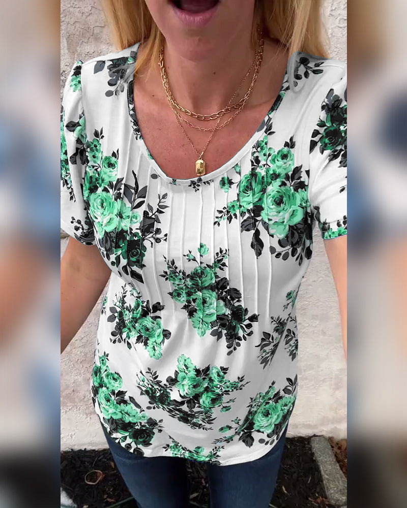 T-Shirt À Col Rond Imprimé Floral Plissé