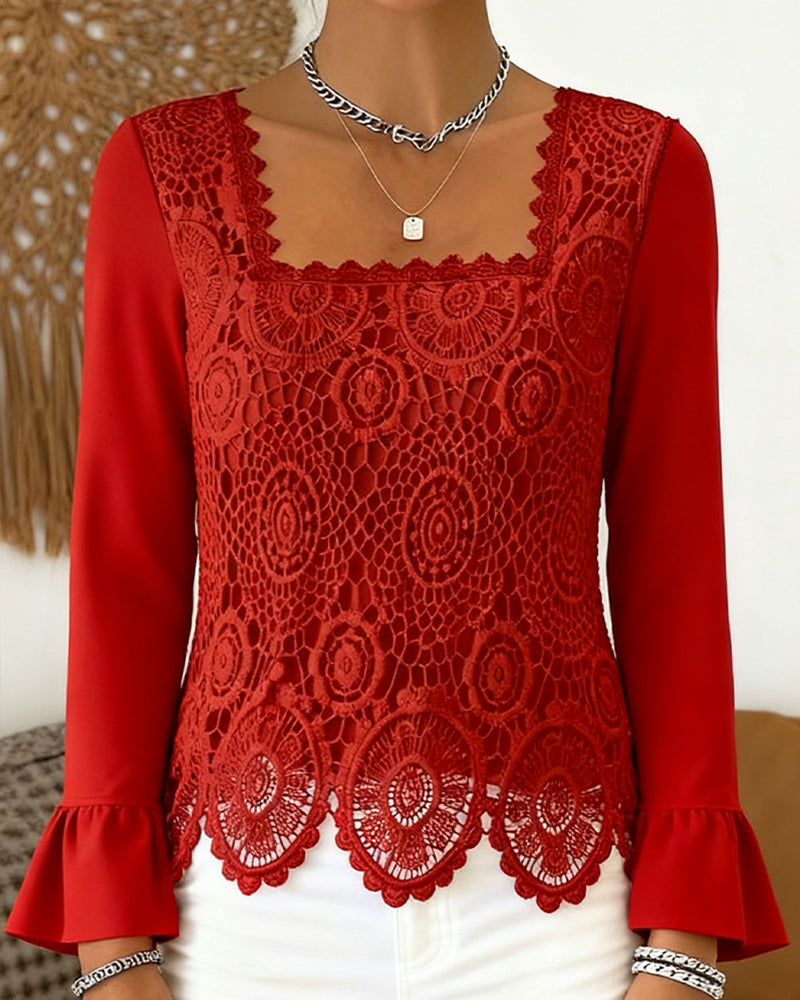 Blouse Crochetée À Encolure Large Et Détails Patchwork
